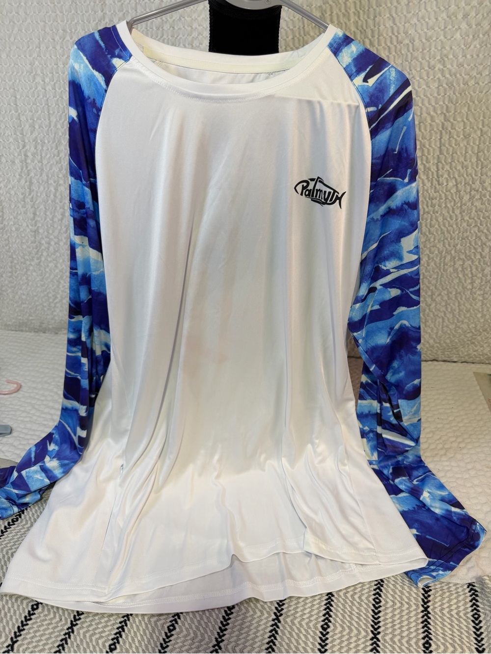 Men’s White Rash Guard with Blue Camouflage Long Sleeves